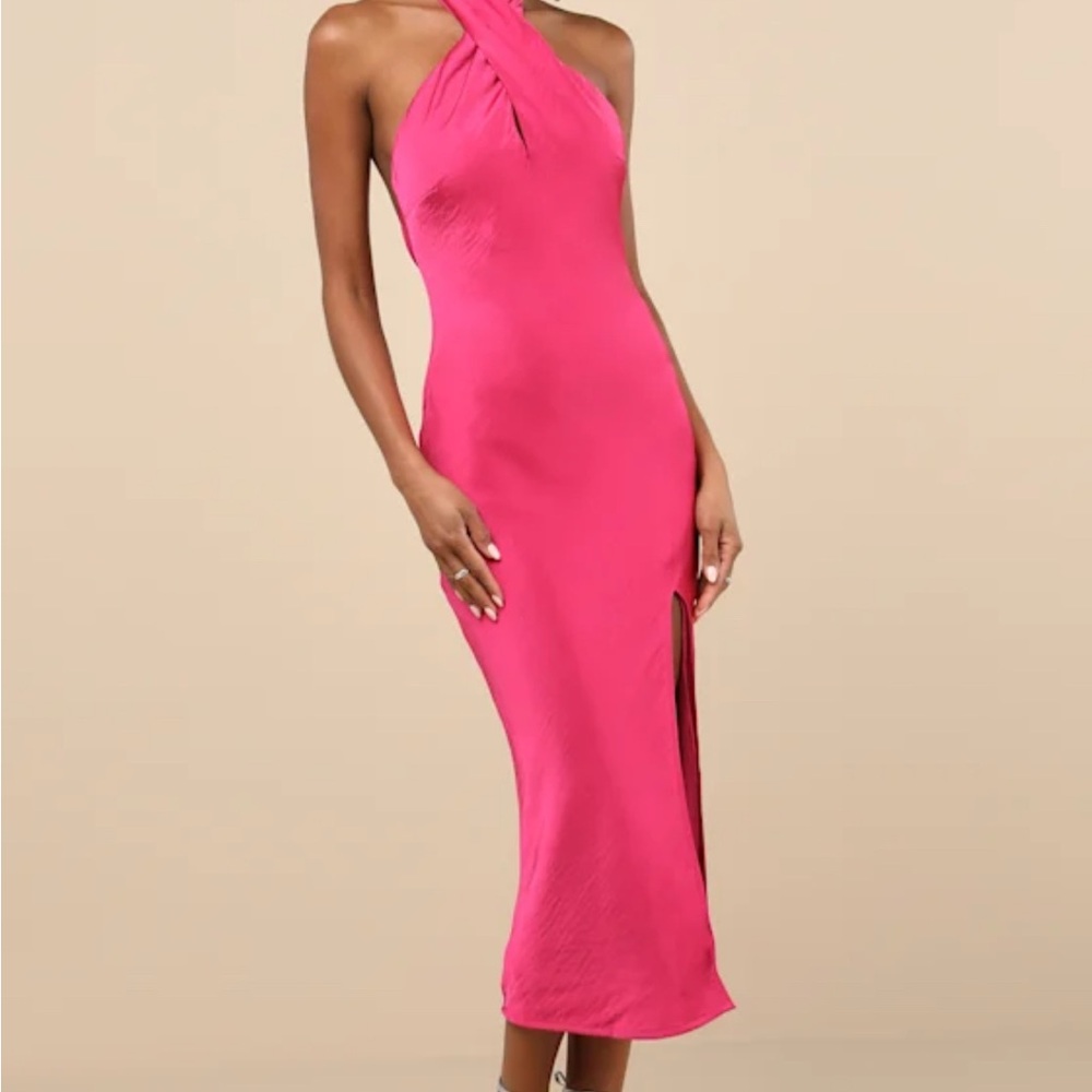 NWOT Beyond Classy Hot Pink Satin Halter Midi Dress